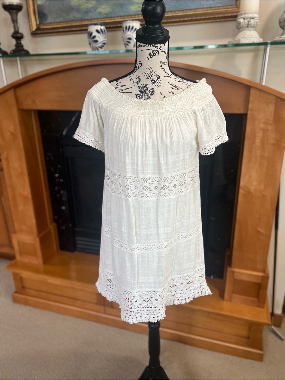American Eagle Off-Shoulder White Crochet Trim Dress